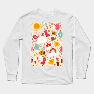 Gardening Fun repeat pattern on a cream background Long Sleeve T-Shirt